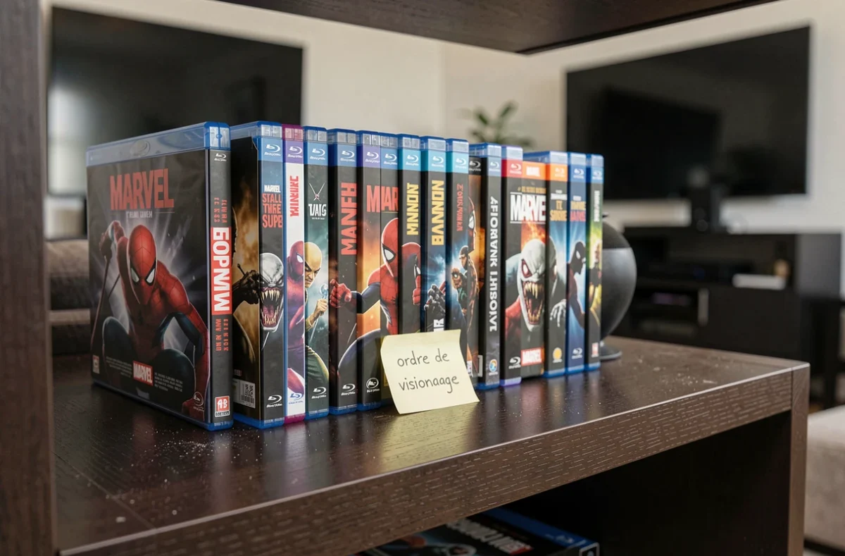 Collection de Blu-ray Marvel incluant des films Spider-Man et Venom rangés sur une étagère avec une note indiquant l'ordre de visionnage