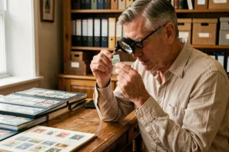 Collectionneur examinant un timbre rare à la loupe dans son bureau philatélique