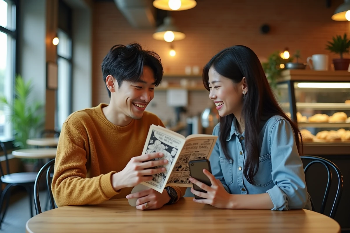 Deux amis comparant un manga imprimé et un webtoon sur smartphone dans un café urbain