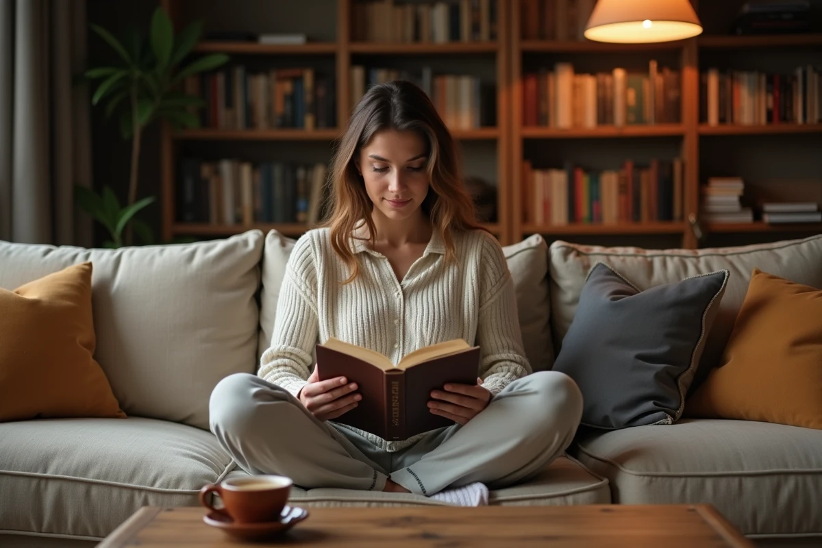 Femme lisant un livre de psychologie sur un canapé, s'informant sur les mécanismes de manipulation pour mieux s'en protéger
