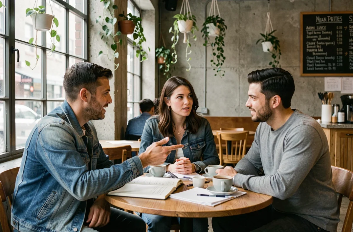 Groupe de personnes en discussion autour de la notion de conscientisation dans un café urbain contemporain