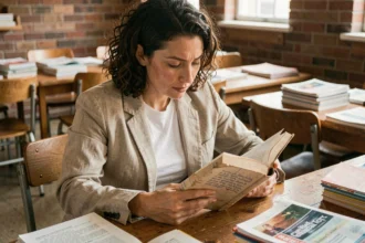 Femme réfléchissant sur le concept de conscientisation en lisant un livre annoté dans un centre communautaire