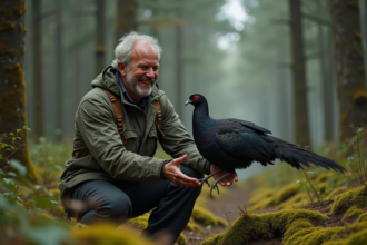 Conservationniste relâchant une perdrix noire en forêt