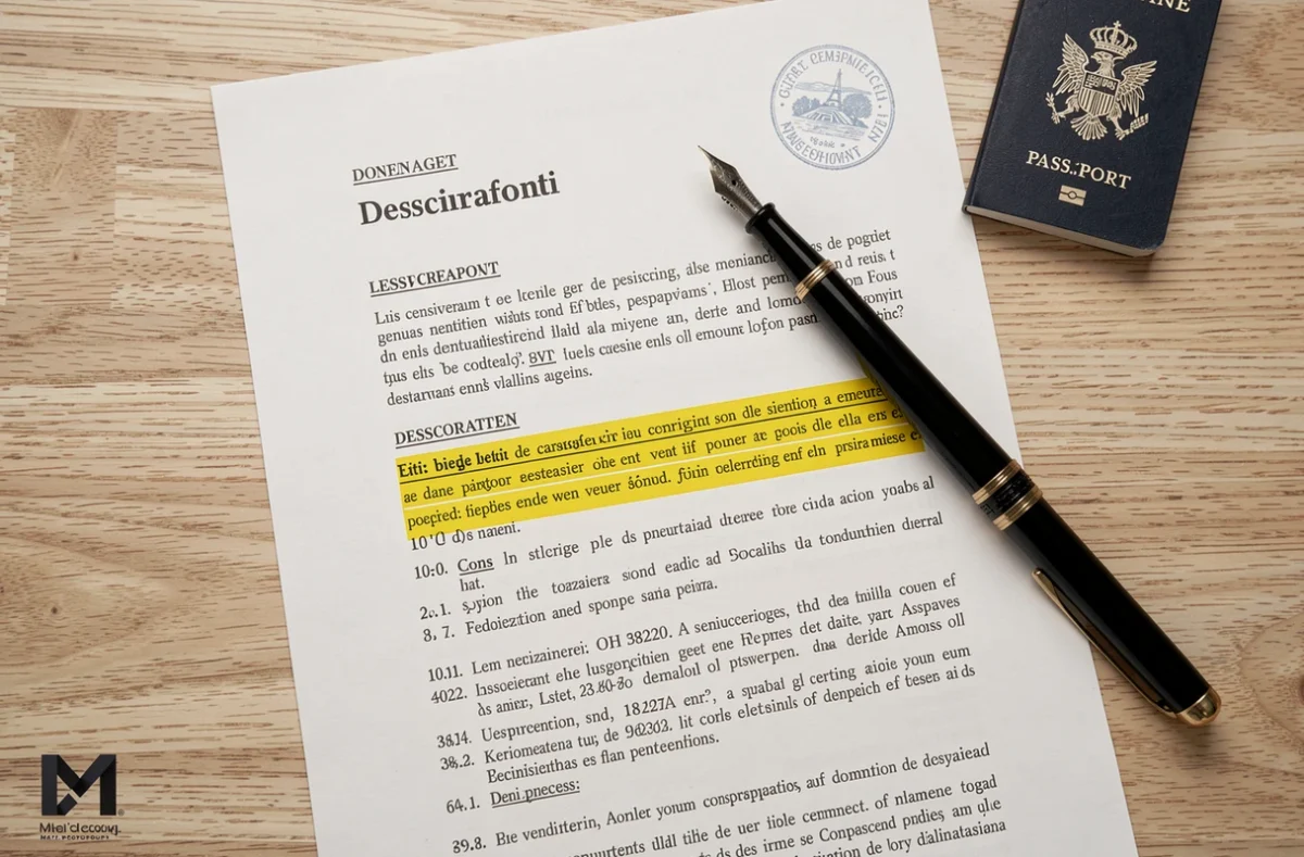 Contrat juridique français avec clauses de droits d'auteur sur fond de bureau en bois clair