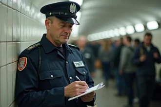 Contrôleur RATP en uniforme rédigeant un procès-verbal dans une station de métro parisienne