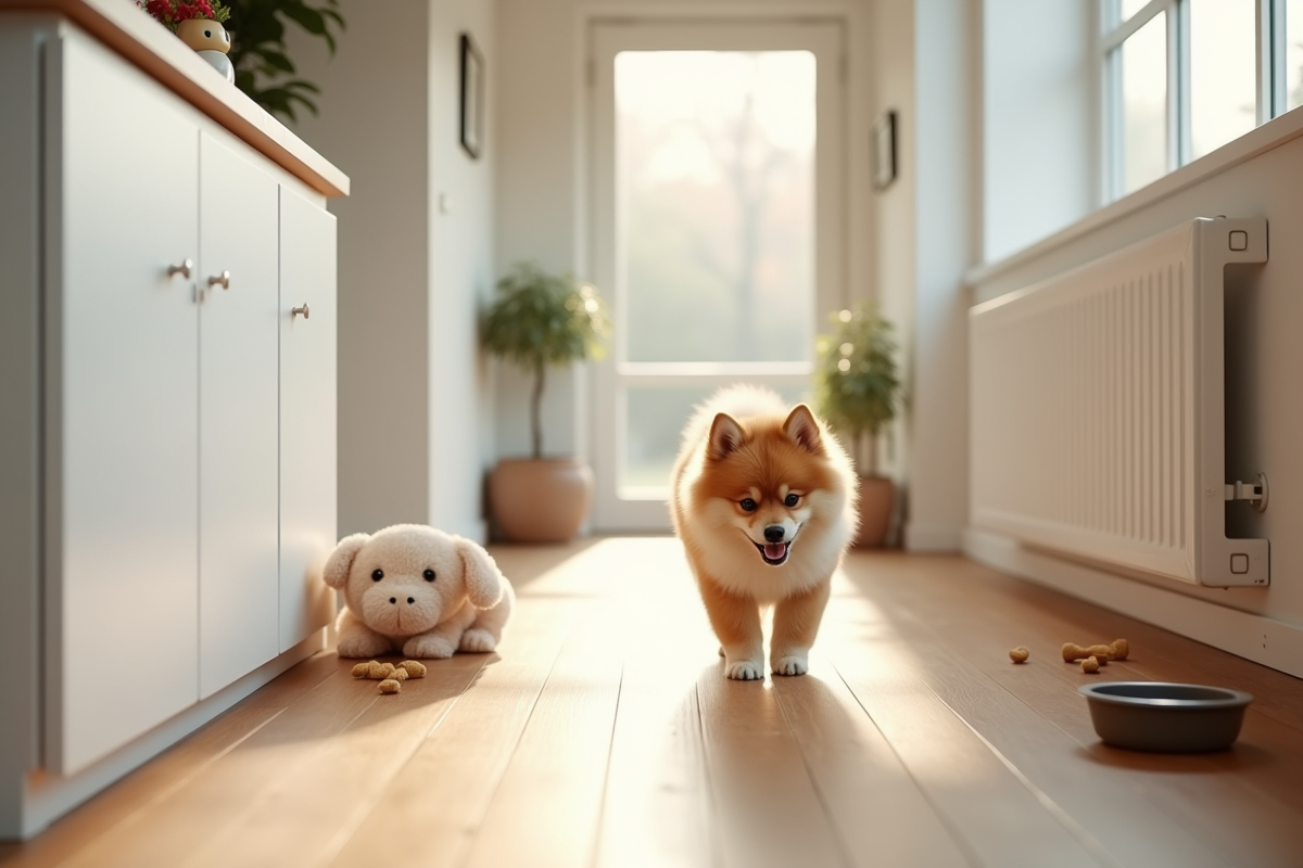 Couloir lumineux avec un chiot finlandais Spitz explorant