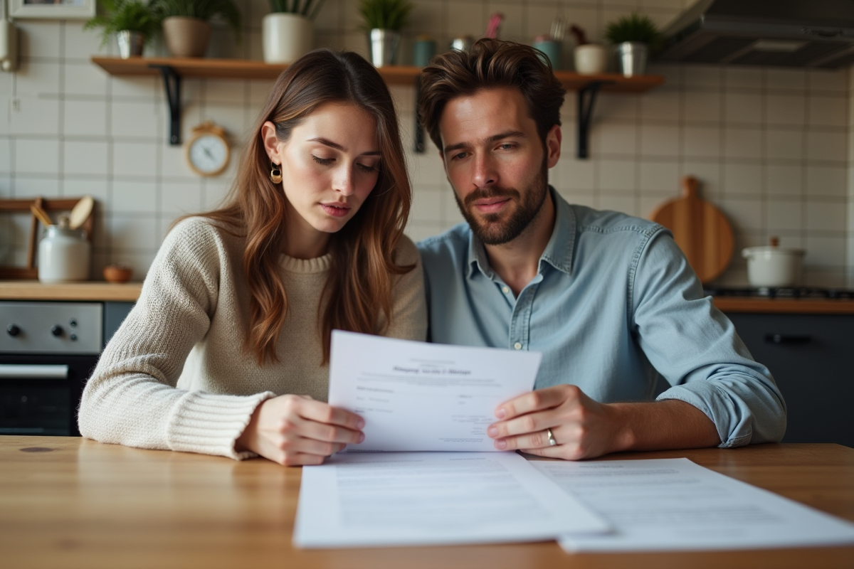 Couple réfléchi examinant des documents d'adoption à la cuisine