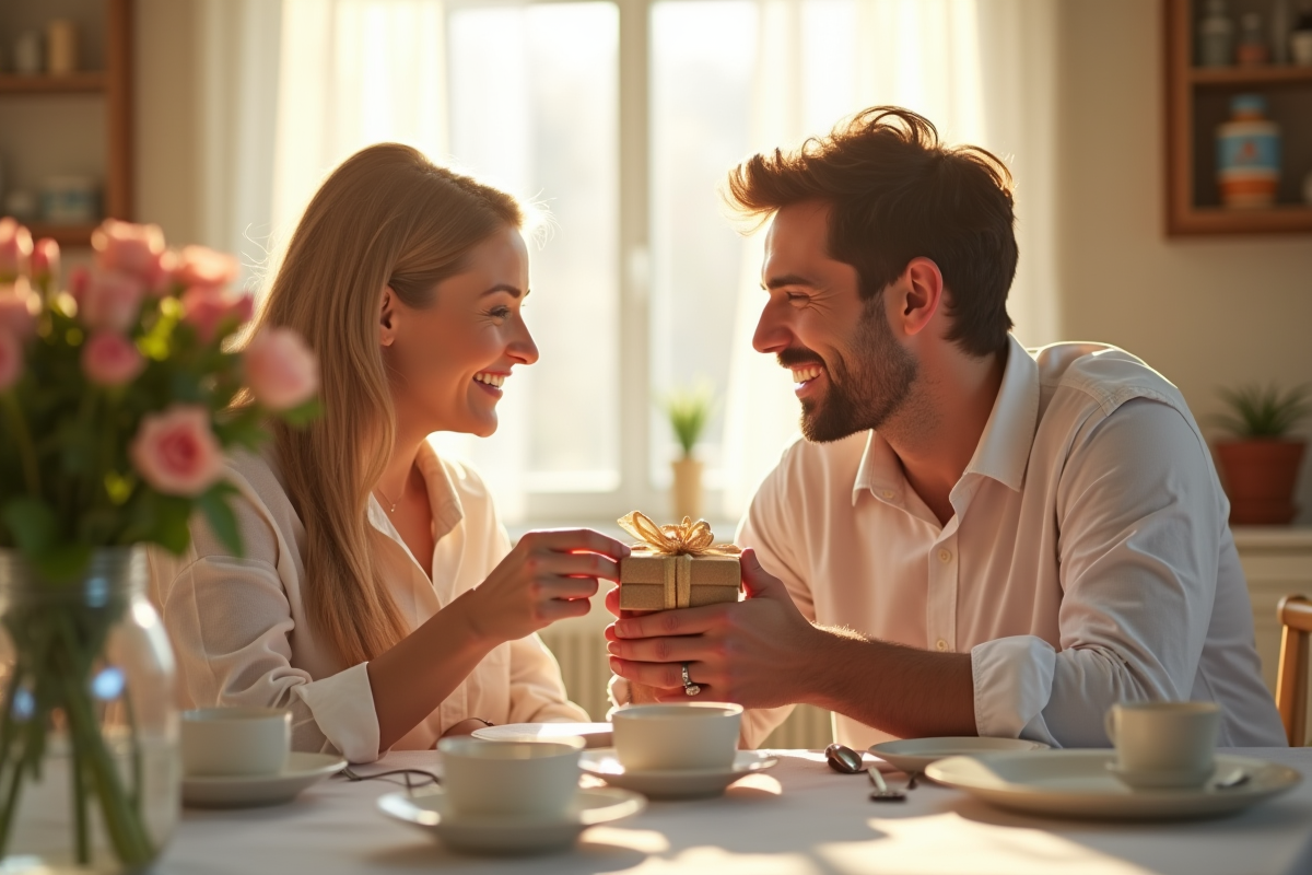 Couple heureux échangeant des cadeaux d anniversaire au petit déjeuner