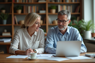 Couple d'adultes en réunion dans un bureau chaleureux