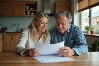 Couple d'adultes lisant des documents dans une cuisine moderne