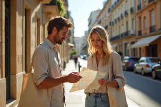 Couple explorant un quartier résidentiel de Marseille nord avec une carte, façades en pierre ocre et rue animée en arrière-plan