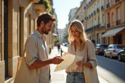Couple explorant un quartier résidentiel de Marseille nord avec une carte, façades en pierre ocre et rue animée en arrière-plan