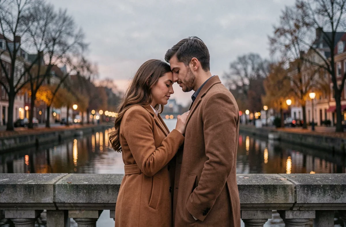 Couple flamme jumelle se retrouvant sur un pont au crépuscule, illustrant l'union et le retour en amour selon le signe 22h22