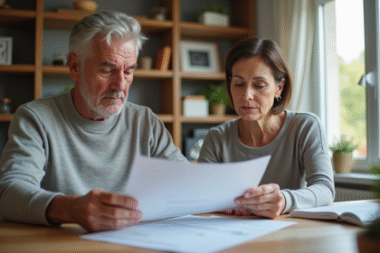 Couple d'adultes examine des documents immobiliers à la maison