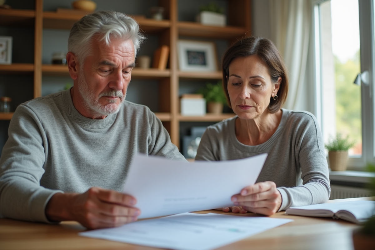 Couple d'adultes examine des documents immobiliers à la maison