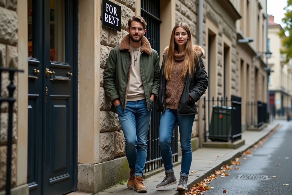 Jeune couple français devant une maison à louer dans un quartier parisien