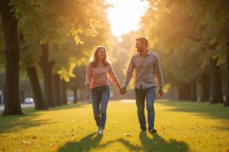 Couple souriant marchant dans un parc ensoleille avec verdure