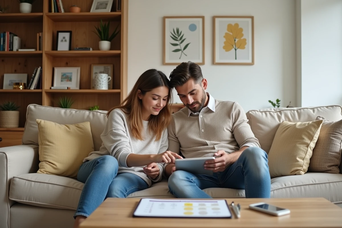 Couple planifiant ensemble la gestion de leurs abonnements et prélèvements sur une tablette à domicile