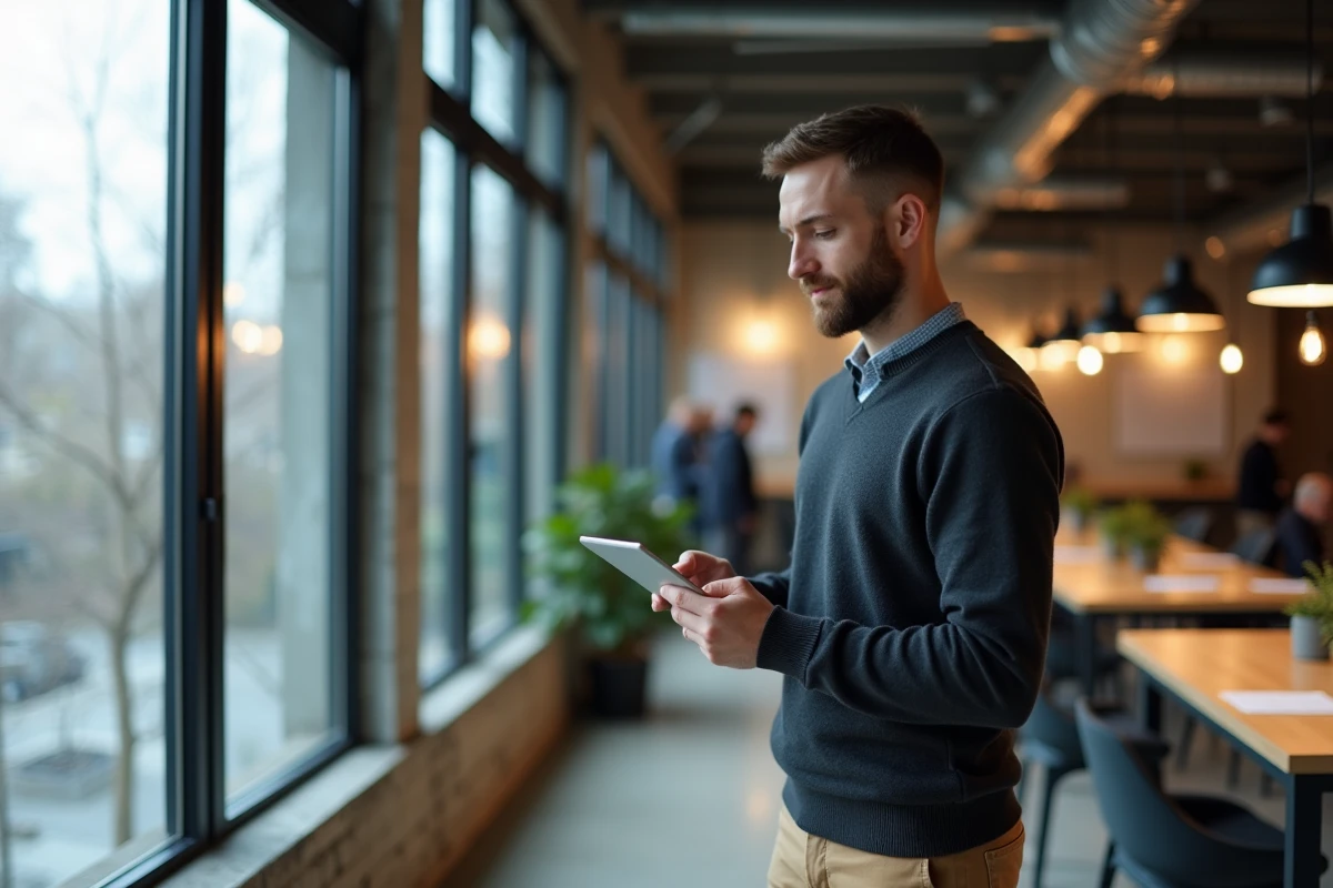 Créateur freelance consultant un document sur tablette dans un espace de coworking industriel moderne