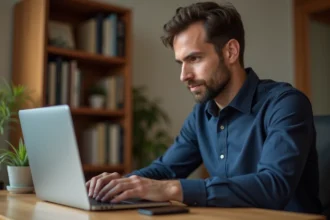 Homme concentré créant un profil sur un site de rencontre élite depuis son bureau à domicile