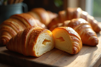 Croissants dorés sur une table en bois rustique
