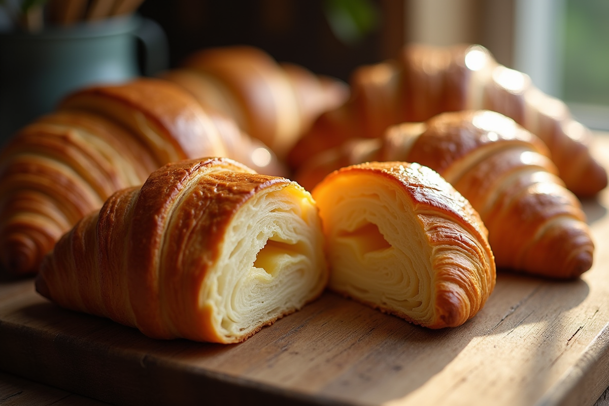 Croissants dorés sur une table en bois rustique
