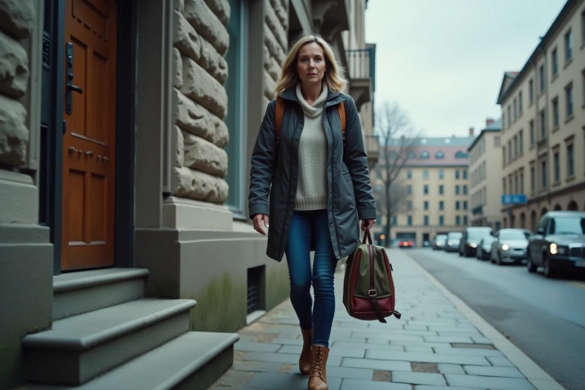 Femme quittant un immeuble résidentiel avec un sac, expression déterminée et apaisée, illustrant la décision de partir sans négociation pour mettre fin à l'emprise