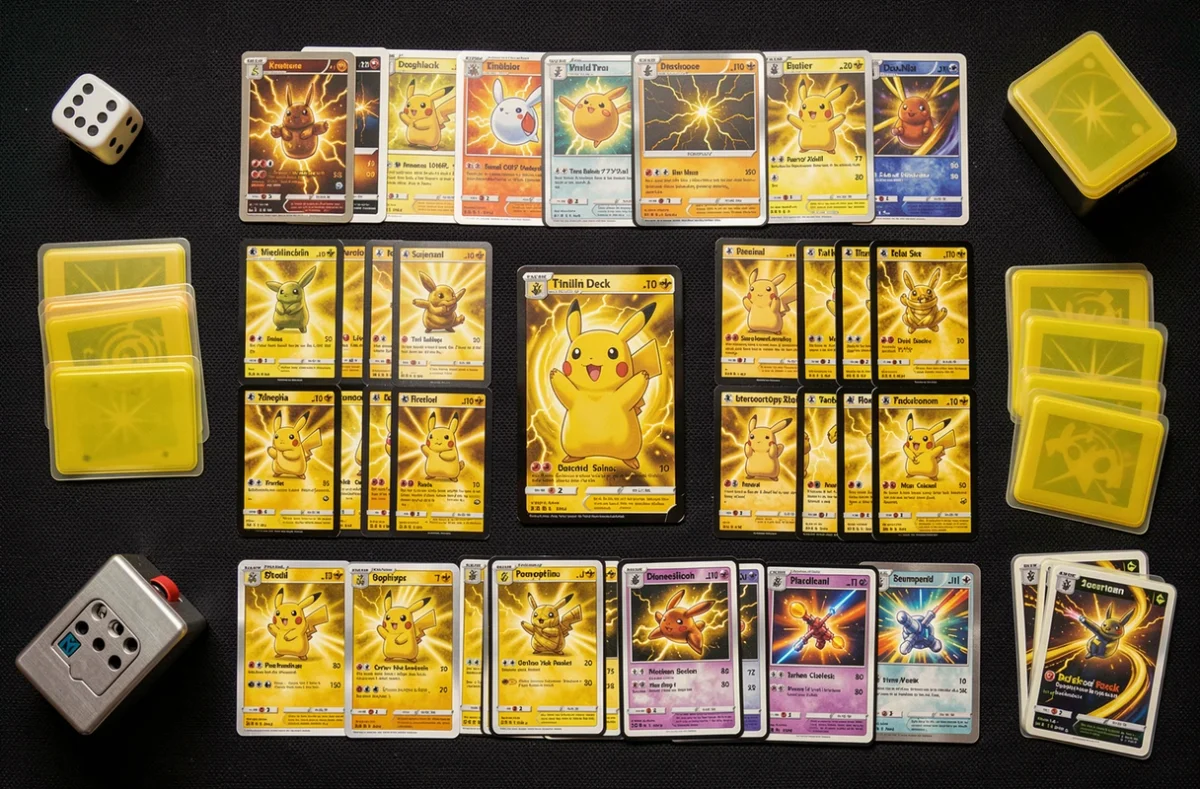 Vue du dessus d'un deck compétitif Pokémon électrique complet avec la carte Pikachu ex Étincelles Déferlantes au centre sur un playmat noir