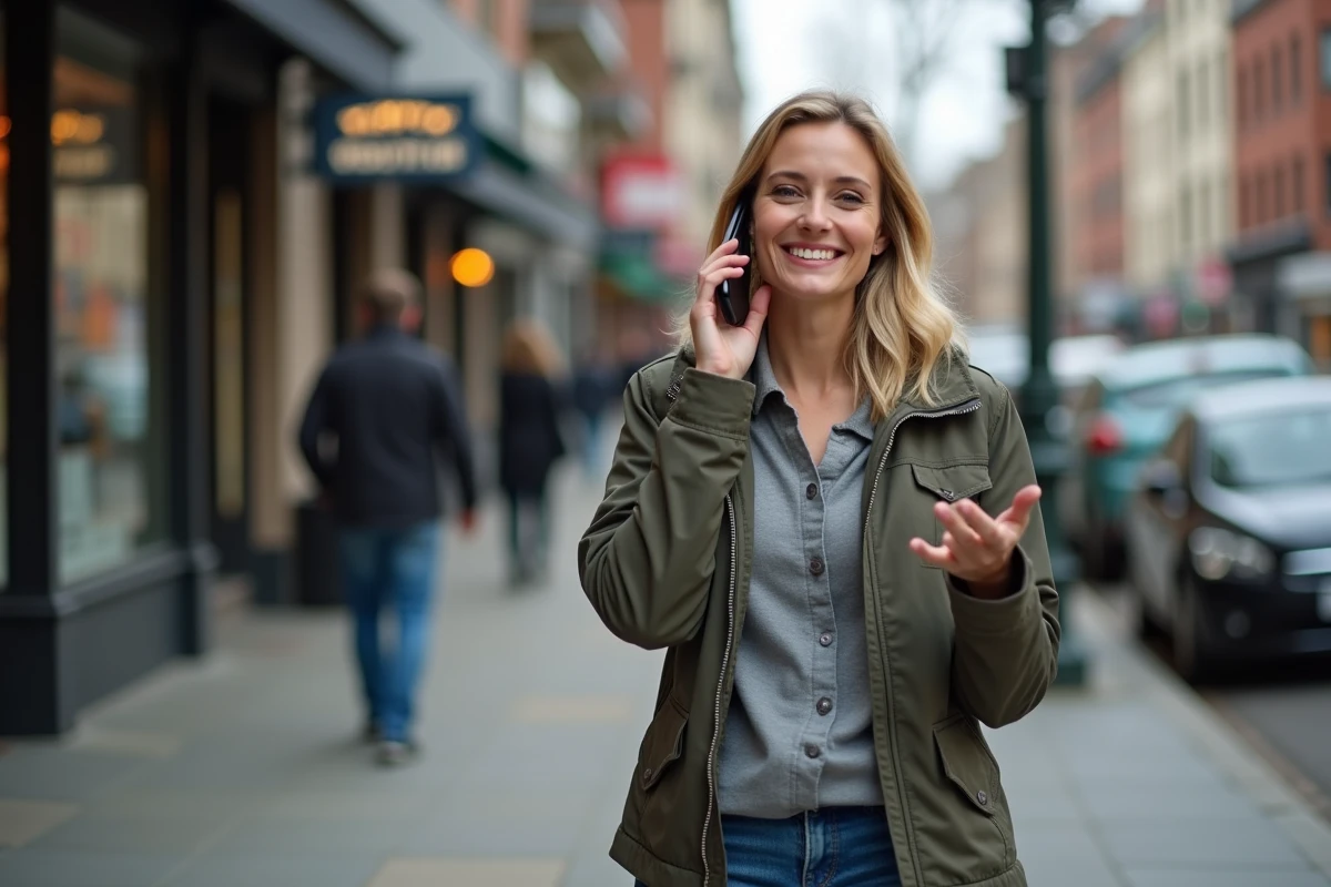 Femme téléphonant dans une rue pour demander de l'aide, sans honte ni hésitation, illustrant la capacité à chercher du soutien face à une situation de manipulation