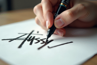 Dessin vintage noir du logo Stussy S sur papier blanc