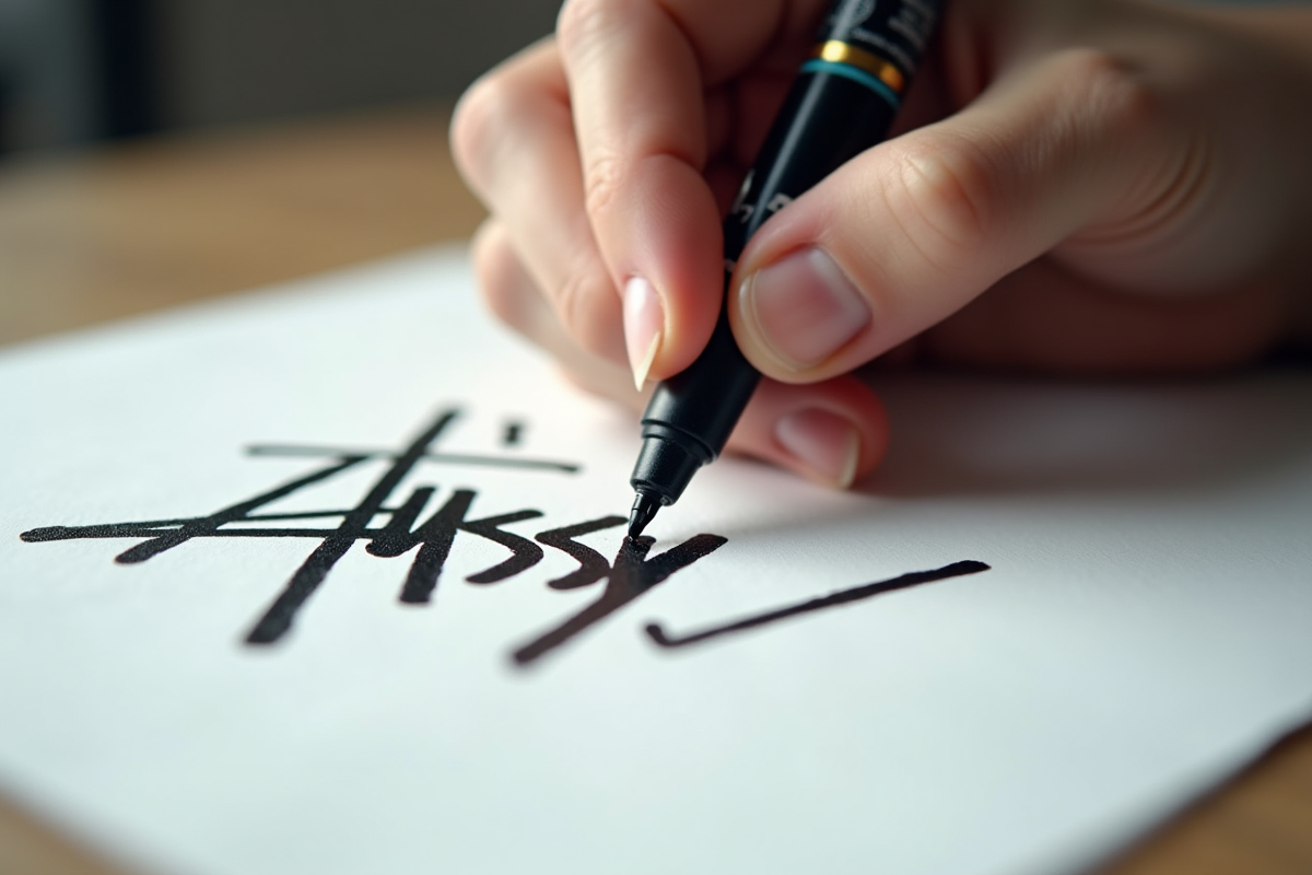 Dessin vintage noir du logo Stussy S sur papier blanc