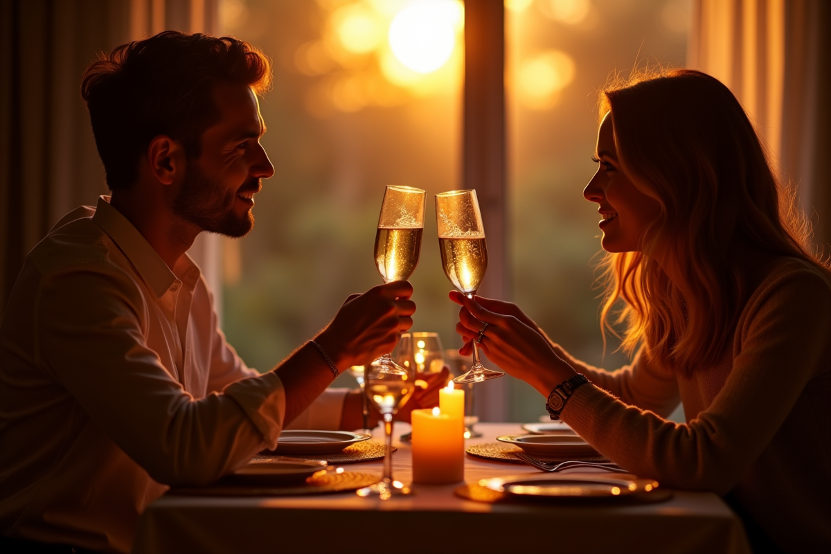 Diner romantique avec toast au champagne dans une ambiance chaleureuse