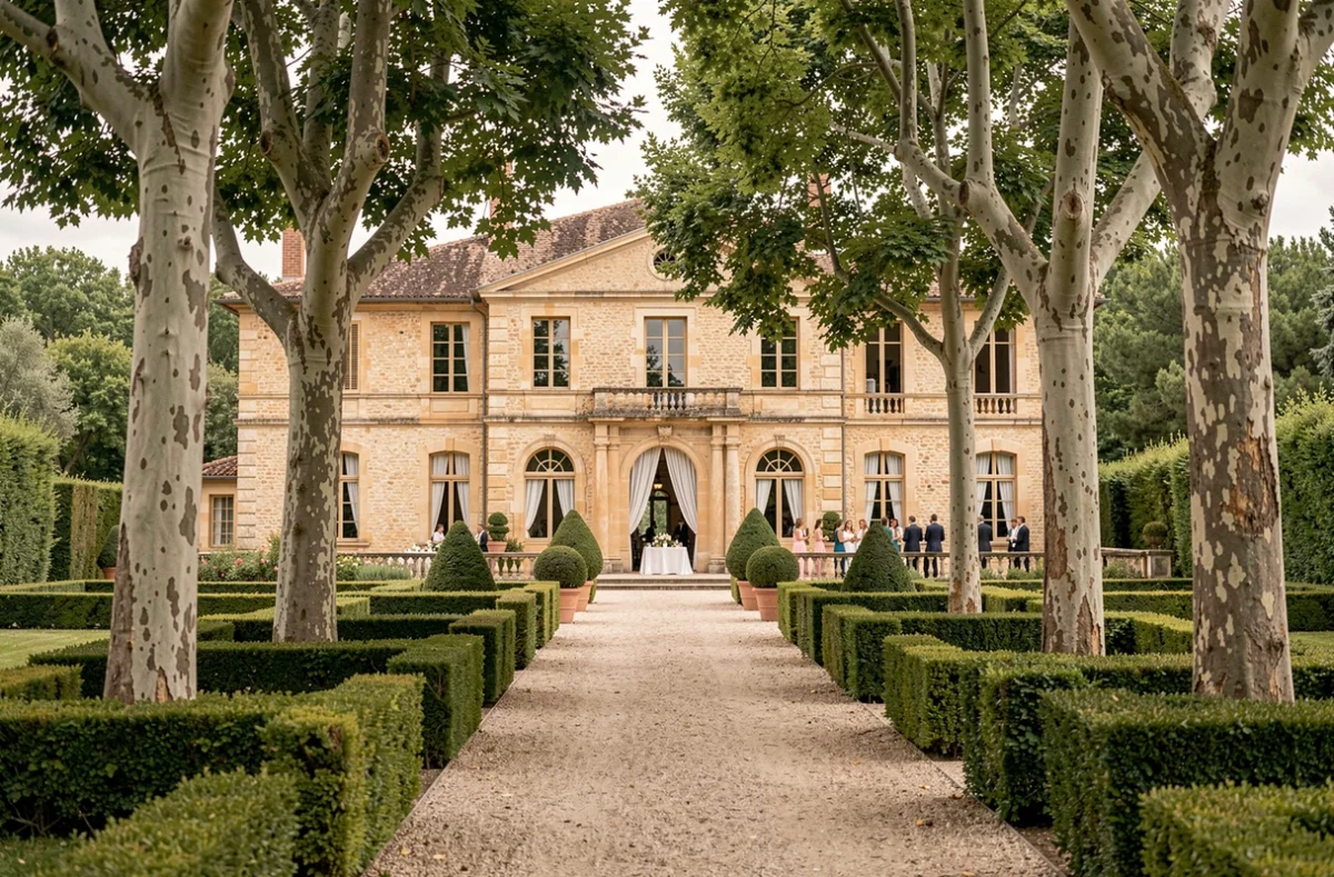 Façade du Domaine de Biar près de Montpellier, bastide en pierre du XVIIIe siècle entourée d'arbres centenaires et de jardins sculptés