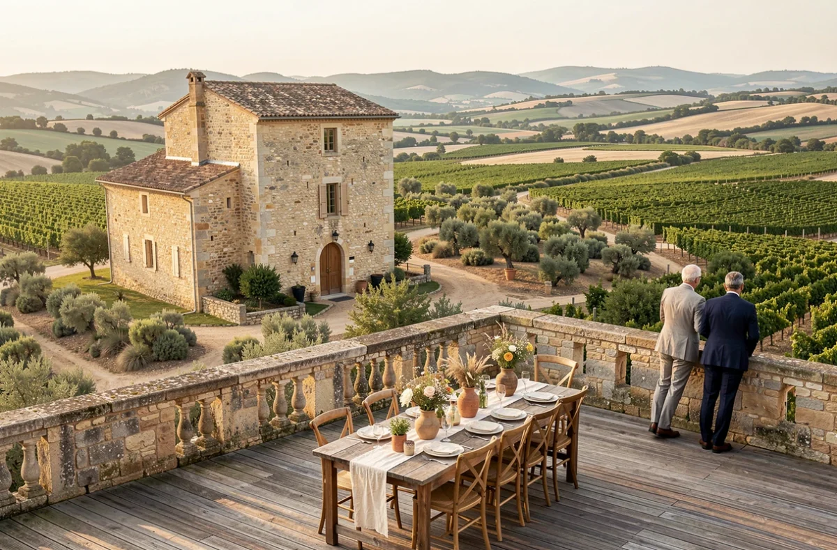Le Domaine de la Dourbie, bastide en pierre dominant les vignes de l'Hérault avec une terrasse de réception et vue panoramique sur la garrigue