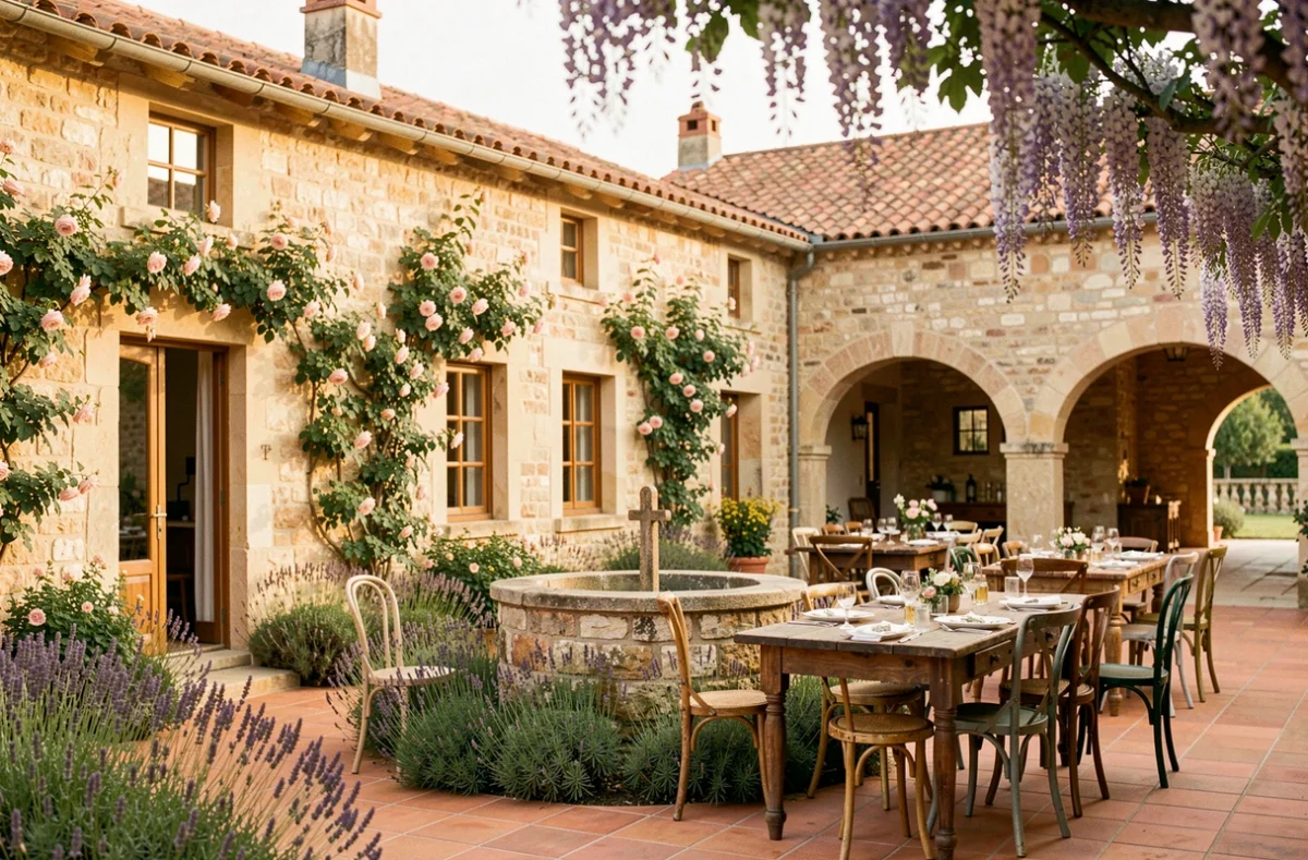 Le Domaine de la Galinière dans l'Hérault, cour en pierre avec puits central, lavande et décoration champêtre pour un cocktail de mariage