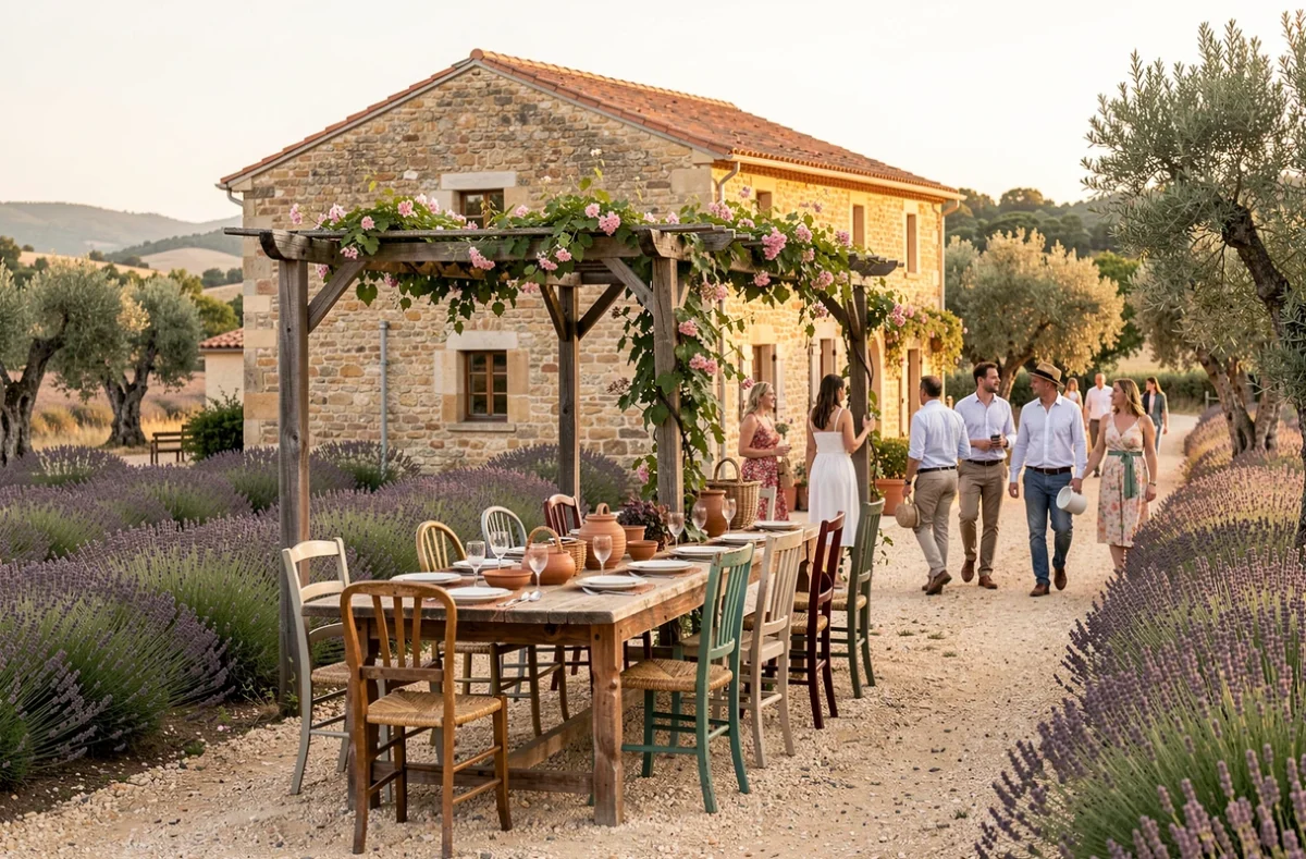 Le Domaine du Grand Puy dans l'Hérault, mas en pierre entouré de champs de lavande avec une table de réception dressée sous une pergola