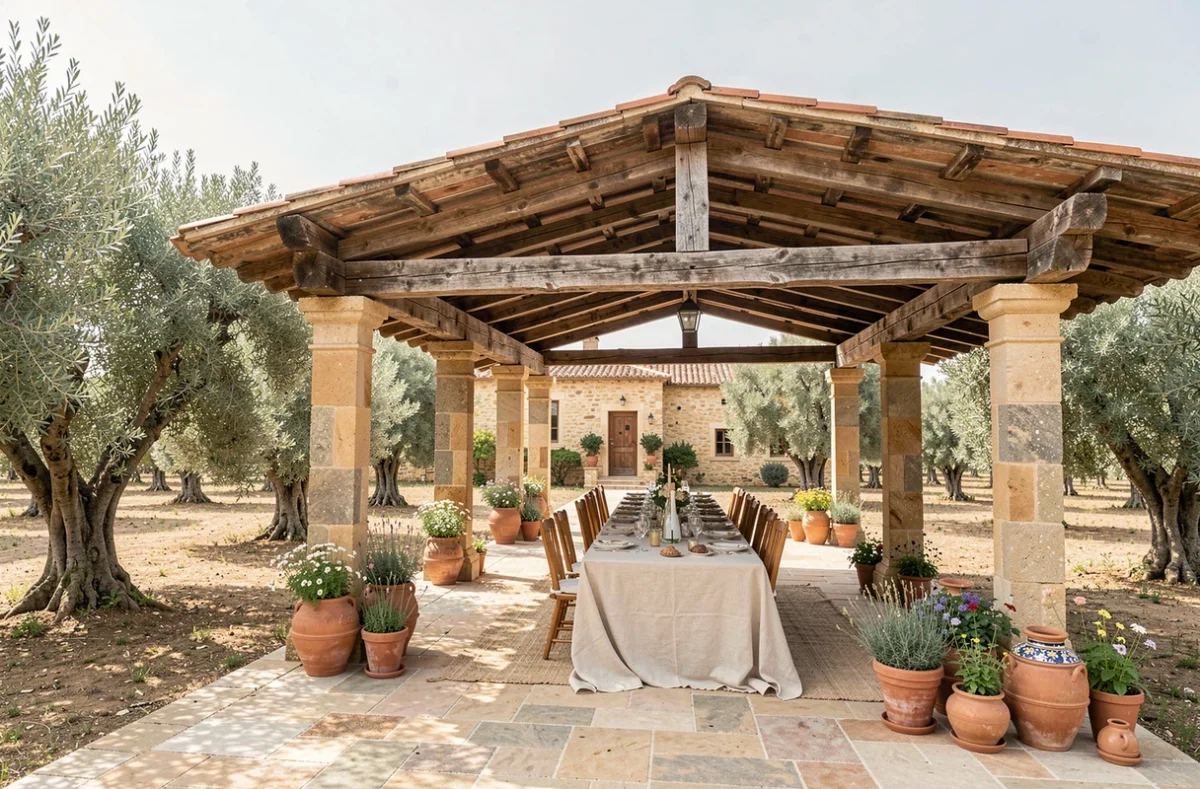 Le Domaine de l'Oulivie dans l'Hérault, mas en pierre entouré d'oliviers centenaires avec une réception champêtre sous une terrasse couverte