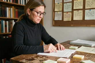 Dramaturge annotant des didascalies dans un script de théâtre à son bureau encombré de manuscrits