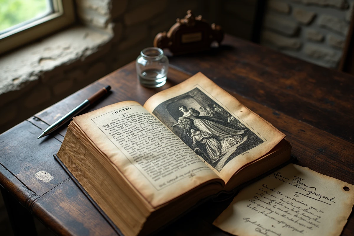 Ancienne édition illustrée des contes de Perrault ouverte sur Cendrillon avec des gravures et des notes d'étude pour le brevet