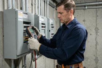 Électricien professionnel consultant un multimètre numérique affichant des valeurs en watts et ampères devant un tableau électrique résidentiel