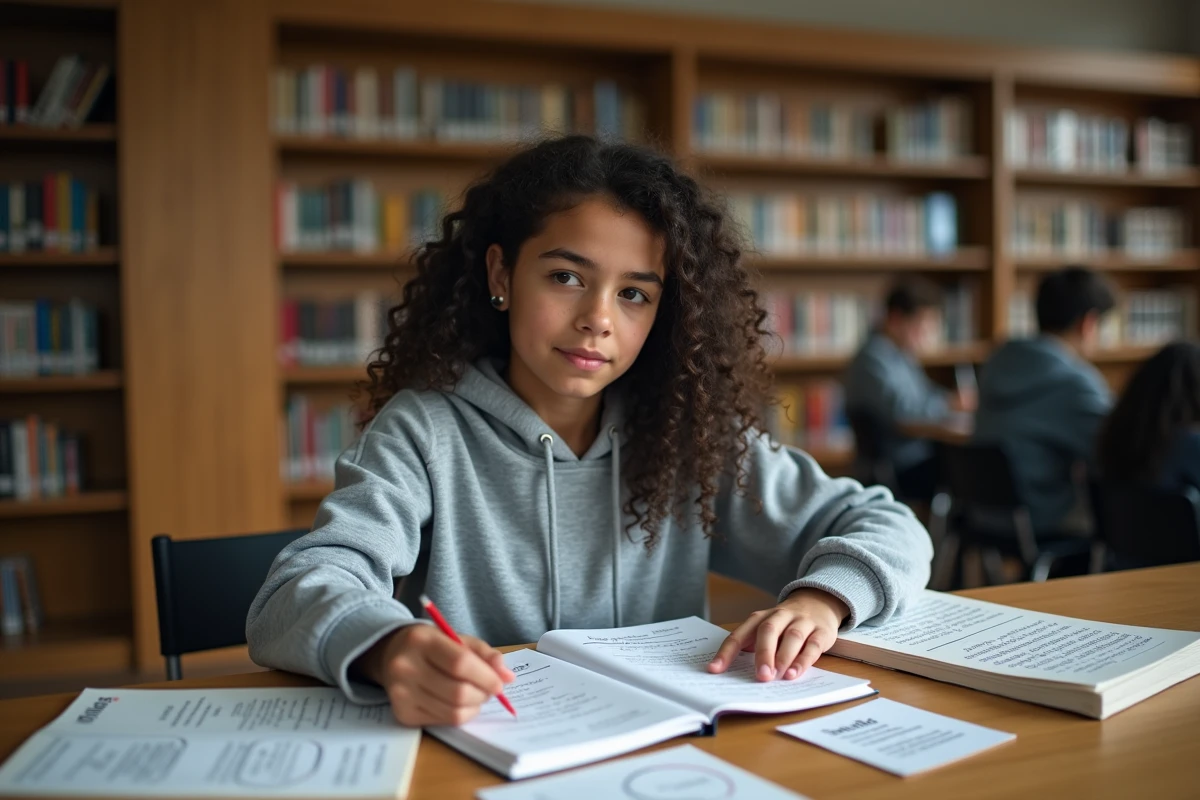 Élève révisant les figures de style avec des fiches mémo dans une bibliothèque scolaire