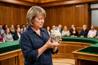 Femme tenant un vase ancien lors d'une émission d'enchères sur France 2 en 2026