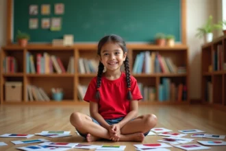 Petite fille apprenant les noms des drapeaux du monde avec des cartes illustrées dans une salle de classe colorée