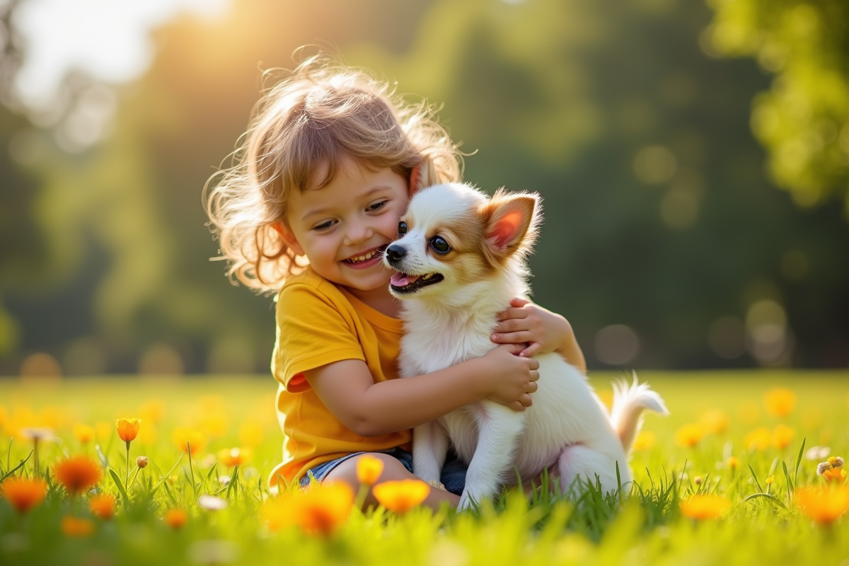 Enfant tenant un chiot Chihuahua dans un parc ensoleille