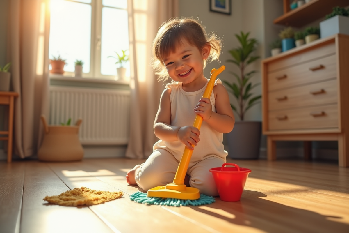 Jeune enfant jouant avec un kit de ménage pour enfants dans un intérieur chaleureux