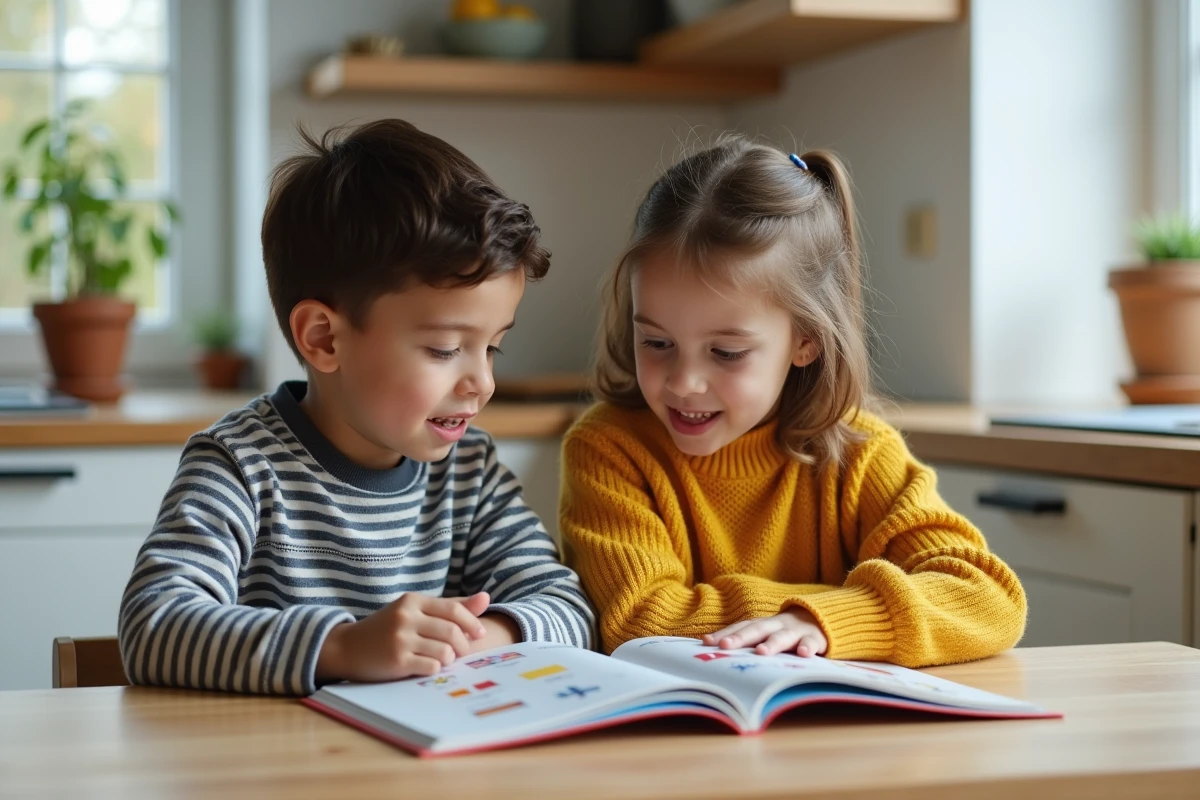 Deux enfants consultant ensemble un livre illustré sur les drapeaux et leurs noms en anglais à la maison
