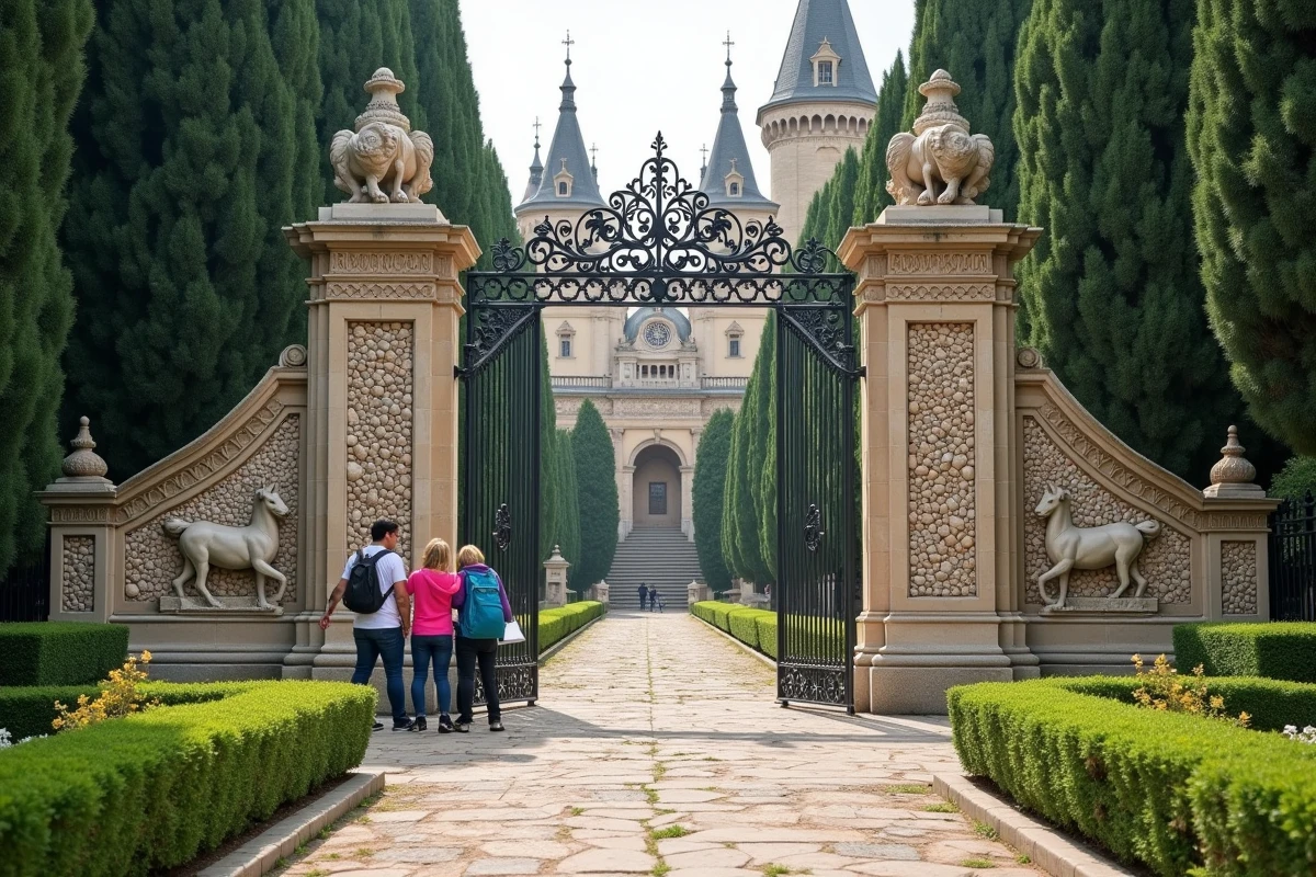 Entrée du Palais Idéal du Facteur Cheval avec famille devant le portail sculpté à Hauterives