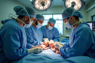 Equipe chirurgicale soignant deux bébés jumeaux en salle d'opération