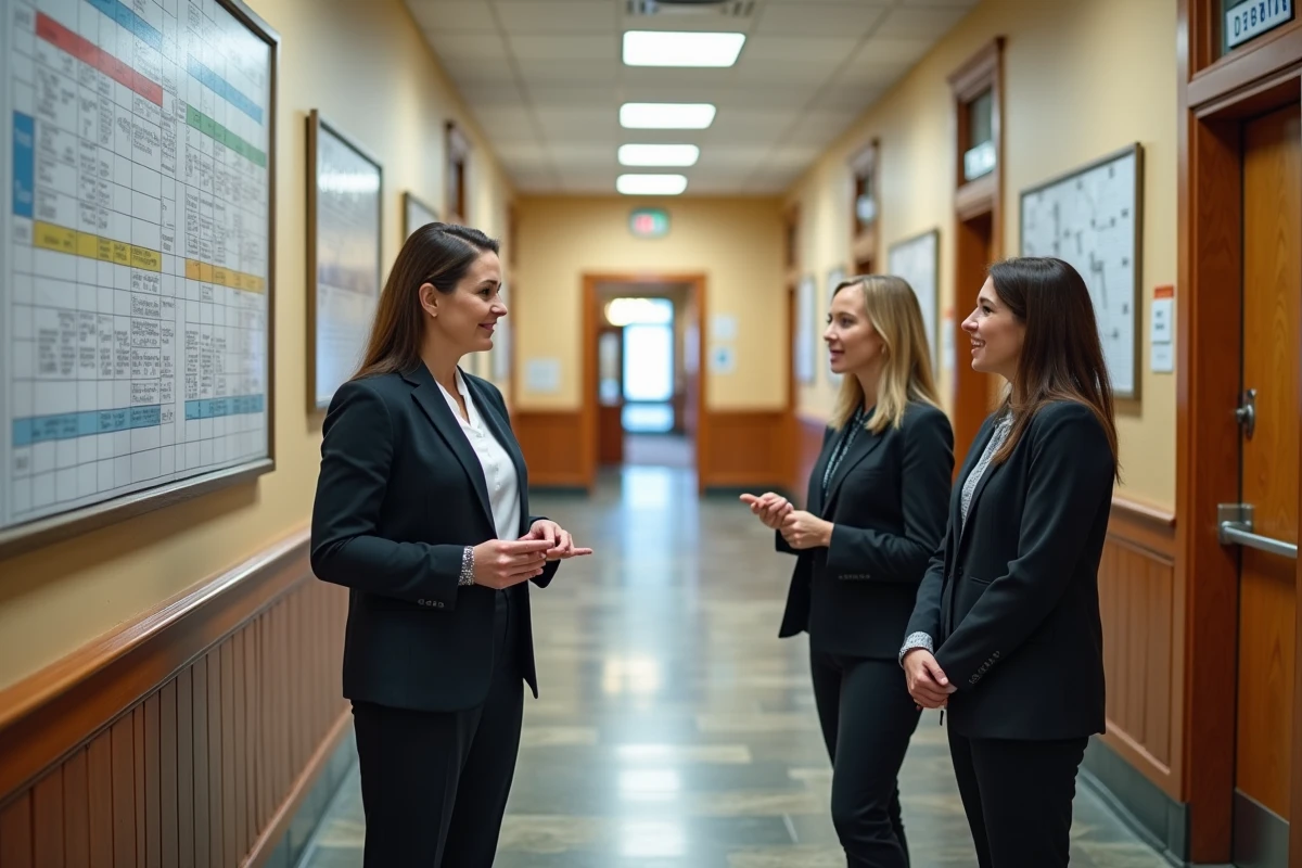 Groupe de trois employés municipaux discutant devant une grille de salaires