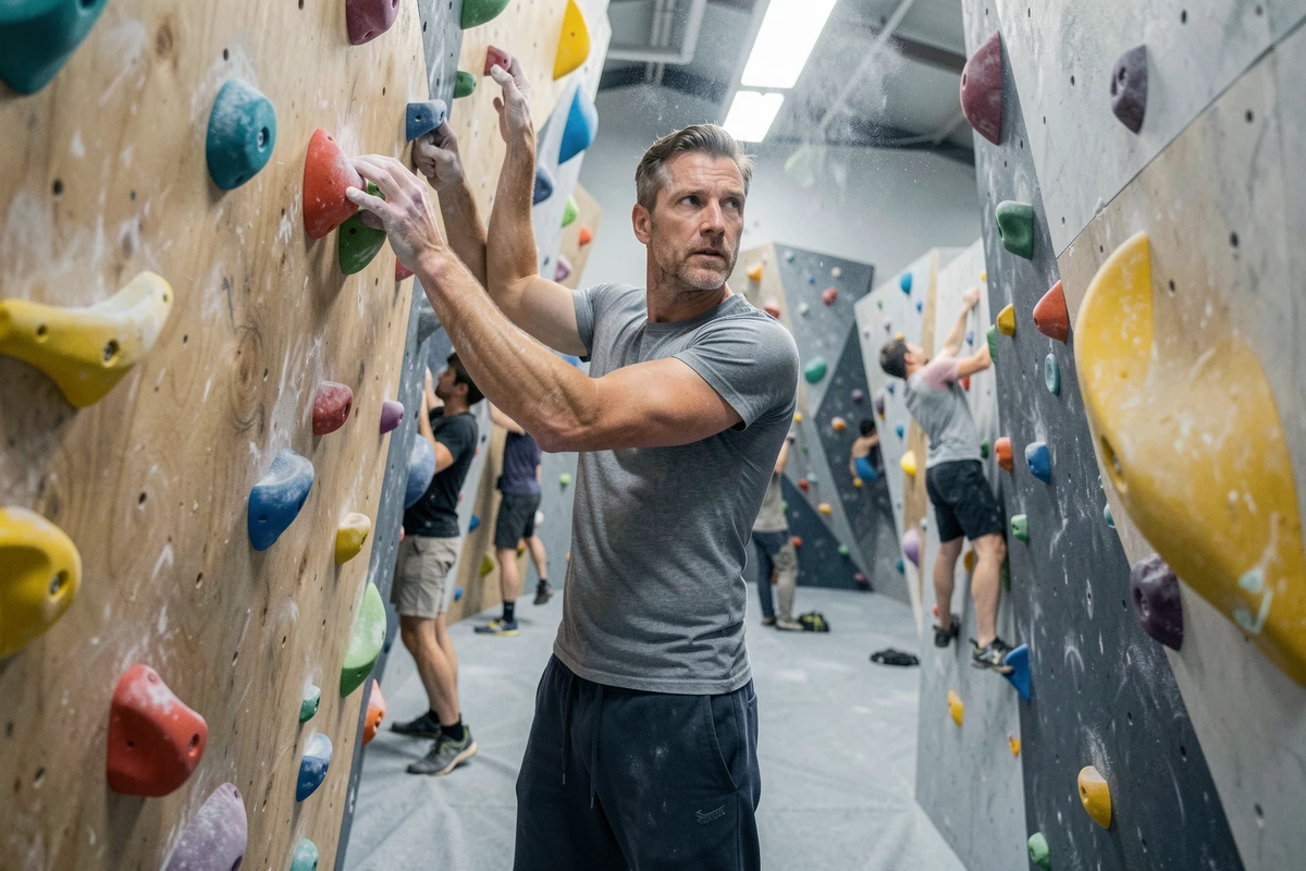 Homme en salle d'escalade de bloc à Cholet après le travail, ambiance décompression sportive en intérieur